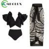 MUOLUX 2023 Hög midja Push Up Bikini Set 3D Flower Swimsuit Dres tryck 3 stycken Badkläder Ruffle Beach Bathing Suit kjol 231225