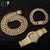 Halsband Watch Armband 3st Kit Hip Hop Miami Curb Cuban Chain Gold Full Iced Out Paled Rhinestones CZ Bling For Men Jewelry1214M