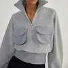 Sudadera con capucha para mujer, otoño invierno, manga larga, cuello alto, con cremallera, sudadera con capucha, Tops recortados informales con bolsillos, ropa de calle 231225