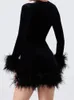 Женское элегантное мини-платье с украшением из перьев, обтягивающее платье с длинными рукавами, осеннее и зимнее клубное вечернее платье в стиле ретро, сексуальное корейское модное платье 231226