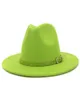 Fashion Lime Green Belt Buckle Decor Artificial Wool Felt Jazz Fedora Hats Women Män Flat Large Brim Panama Cowboy Cap L XL4429076