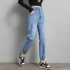 S-3xl Свободные джинсы-джоггеры длиной до щиколотки с завязками, женские однотонные уличные брюки из денима с царапинами, универсальные эластичные джинсовые брюки 231226