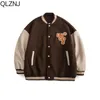 American trend Baseball Uniform Women Patchwork Embroid Varsity Letterman Jackets Men Bomber Jacket Unisex Street College Brown 231225