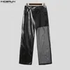 INCERUN hommes pantalons en cuir PU maille Patchwork Streetwear fermeture éclair Transparent Pantalon droit hommes Sexy mode Pantalon S-5XL 231226