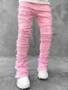 Весна Осень Новые мужские джинсы High Street Джинсы из эластичной ткани с прямыми штанинами Прямые мешковатые модные повседневные полосатые брюки с необработанными краями Винтажные нишевые джинсовые брюки HKD231226