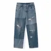 Jeans da uomo strappati gamba larga moda retrò larghi Harajuku uomo streetwear pantaloni larghi in denim dritto con foro hip-hop da uomo