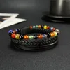 Bangle Vintage Stainless Steel Men's Multi-Layer Woven Bracelet Natural Agate Beads Leather