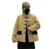 Damen Trenchcoats Winter National Style Baumwolle Leinen Druckjacke Stehkragen Gepolstertes Hemd Lose Farbkontrasttasche Warmer Mantel