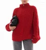 Women's Sweaters Red Sweater Women Zipper Jacquard Turtleneck Autumn Winter Pullover Knit Elastic Jumper Casual Thick Loose Warm Y2k Jumpers