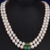 2 ROW 8-9MM SOUTH SEA WHITE GREEN JADE MOTHER PEARL NECKLACE YELLOW CLASP295r