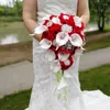 Flores de casamento cachoeira buquê de noiva rosa vermelha flor pérolas artificiais cristal toque real branco cala lírio acessórios