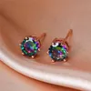 6MM Round Small Stone Rainbow Zircon Stud Earrings For Women Vintage Fashion Crystal Rose Gold Black Gold Silver Color Earrings266P