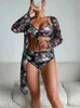 Sommer Bikini Set Frauen Floral Gedruckt Hohe Taille Badeanzug Langarm Cover Up Drucken Drei Stücke Badeanzug Weibliche Bademode 231225