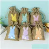 Decorative Flowers & Wreaths 24Pcs/Lot Easter Bunny Burlap Candy Bags With Dstring Rabbit Linen Storage Party Favors Decoration Gift P Otmku