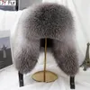 Vinter Men 100% Real Silver Fox Fur Bomber Hat Raccoon Fur Ushanka Cap Trapper Russian Man Ski Hats Caps Real Leather 231225