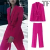 Gurt Design Anzug Set Damen Rose rote Solid Blazer Frauen Kleidung gerade Pant Anzüge Büro Kleidung Lady Chic High Tailled Sets 231225