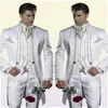 Custom Made Embroidery 3 Piece Groom Tuxedos Long White Men Wedding Suit Bridgroom Men Dinner Prom WearJacketPantsVest2594663