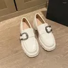 Sapatos de vestido Zapatos para Mujeres Muffin de cor sólida de fundo grosso fivela de couro cristal quadrado toe mulheres