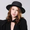 Women039s Wool Flat Dome Hats Wools Porkpie Sun Cap with Black Ribbon Band Solid Fedora Hat Woolen Boaters Sombrero9970229