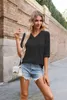 Kobiety Summer Solid Solid T-shirt T-shirt Podstawowy rękaw z dekoltem w szpic w dekolcie