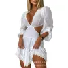 Robes décontractées femmes évider sexy mini robe taille haute couleur unie printemps été dentelle col en V à manches longues