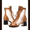 Stövlar 2022 Summer Ankle Boots For Women's High Heel Boot Brand Mesh Zip Gotic Sandals Boots Platform Peep Toe Rivet Brown Shoes