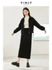 Arbeitskleider Vimly Schwarz Casual Rock Set Revers Reißverschluss Langarm Mantel Gerade Split Maxi 2023 Winter 2 Stück Sets Frauen Outfit M3930