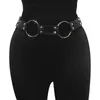 Cinture Moda Donna Cintura punk gotica Cintura in metallo con anello circolare Design Argento con fibbia ad ardiglione Cintura nera in pelle Jeans