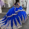 Prachtige Blauwe Glanzend Quinceanera Jurken Goud Applique Kant Uit de Schouder Baljurk Prinses Verjaardagsfeestje Sweet 16 vestidos de 15