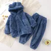 Conjuntos de roupas crianças com capuz homewear pijamas ternos conjunto de inverno grosso menino meninas roupas de pelúcia 0-5 anos de idade