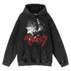 Anime Berserk sweat à capuche Vintage noir vêtements pour hommes 100% coton lavage à l'acide veste à capuche pour femme Hip Hop Y2K vêtements surdimensionnés