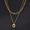 Stylish Black Square Necklace for Men, Golden Color 14k Yellow Gold Rope Cuban Box Figaro Wheat Chain Double Layered Collar Gifts