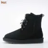 Winter Boot Suede Leather Women Short Ankle Winter Boots Natural Wool Sheep Fur Lined Snow Shoes Warm Black Lace Up 230922