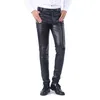 Idopy Men's Business Slim Fit Five Tickets Stretchy Comfy Black Solid Faux Leather Pants Jeans Trousers For Male 231226