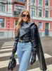 Mode Faux Pu Leer Slanke Jas Vrouwen Lange Mouw Patchwork Sjaal Kraag Cape Jassen 2023 Herfst Vrouwelijke Dames Streetwear 231225