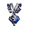 여성 수영복 스파게티 스트랩과 커버 업이있는 깊은 파란색 꽃 무늬 비키니 231225