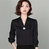 Kadınlar bluzlar v boyun saten uzun kollu gömlek kadınlar 2023 moda mizaç tasarımı ince ofis bayanlar resmi çalışma üstleri