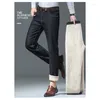 Jeans d'hiver en cachemire pour hommes, coupe-vent, chaud, droit, extensible, assorti à tout, mode velours rembourré, pantalon d'affaires épais