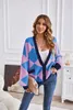 Suéteres com decote em V Geométrico Patchwork Cor Contraste Malha Cardigan Malha Xadrez Tops Manga Longa Estampado Roupas Femininas Jumper PU Cotovelo Patchwork Suéter Plus Size