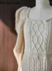 Повседневные платья Kuzuwata Элегантное вязаное платье с квадратным воротником и пышными рукавами Халат средней длины в полоску с разрезами Япония Мода Ранняя весна Vestidos