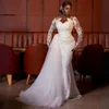 Vestido de noiva Illusion Trumpet para noiva com decote em V mangas compridas renda sereia vestidos de noiva com cauda de tule destacável estilo country africano árabe capela de praia D074