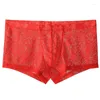 Cuecas de renda transparente boxer shorts dos homens roupa interior de seda gelo legal respirável cintura baixa sexy boxers calcinha u lingerie convexa