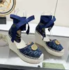 디자이너 여성 Matelasse 플랫폼 Espadriile Sandal 패션 우현 웨지 샌드고 잔디 짠 두꺼운 하이힐 가죽 신발 크기 35-41