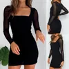 Casual Dresses Elegant Pleated Wrap Mini Dress Women's Square Neck Bodycon Långärmad Zip Up Female Club Party Sexig