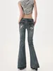Americano high street picante meninas cintura baixa jean outono vintage y2k design sentido fino ajuste tubo reto micro flare calças 231226