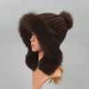 Real Mink Fur Hat with Ball Earmuffs Protective Cap Winter for Women Russian Autumn Beanies Fall Bonnets 231226