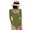 Sexy Short Sleeve Swimsuit Women Solid Swimwear Open Back Monokini Cut Out Swim Suit Korea Bathing Push Up Pad 231225