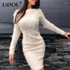 Casual Jurken Herfst Winter Ronde Hals Elegante Mode Pluche Gewaad Dames Effen Kleur Bodycon Mini Jurk Vrouwelijke Lange Mouw Dikke Warm