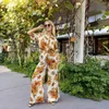 Conjunto de pantalones de mujer con estampado naranja de seda