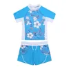 Set Costume da bagno per bambina per bambini Costumi da bagno UPF 50+ Maniche corte Stampa floreale Top Elastico in vita Pantaloncini Costume da bagno Rashguard Costume da bagno